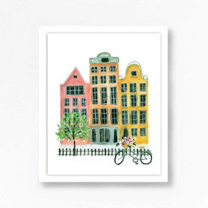 Amsterdam Netherlands Art Print Holland Dutch Houses Architecture Watercolor Travel Houses Map Painting Illustration Girls Wall Room Decor