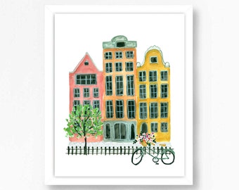 Amsterdam Netherlands Art Print Holland Dutch Houses Architecture Watercolor Travel Houses Map Painting Illustration Girls Wall Room Decor