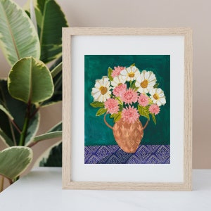 Bouquet Vase Floral Flowers Art Print Mixed Media Daisy Blue Navy Pink ...