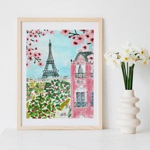 Paris Eiffel Tower Art Print Travel Paris Wall Decor Pink Trees Colorful Floral Flowers Map Painting Illustration Girls Wall Room Decor image 2