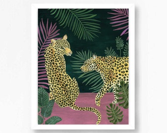 Leopard Leopards Tiger Cheetah Jungle Tropical Illustration Bohemian Boho Animal Art Print Wall Art Decor Tigers Nursery Pink Watercolor