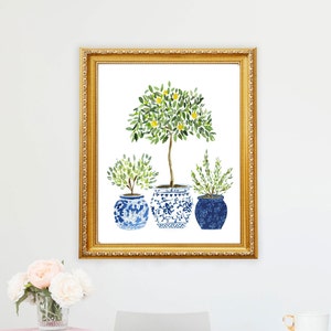 Lemon Lemons Tree Olive Navy Blue White Vase Plants Floral Flowers Art Print Ginger Jar Green Gouache Bohemian Modern Wall Decor Farmhouse image 5