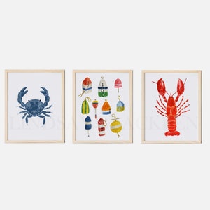 Lobster Buoys Crab Print Set Nautical Beachy Sea Side Coastal Living Wall Art Print Watercolor Blue Painting Boys Room Decor Sailing Buoy image 1