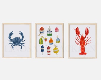 Bouées homard ensemble d'impressions crabe plage nautique bord de mer vie côtière impression d'art mural peinture bleue aquarelle garçons décoration de chambre bouée de voile