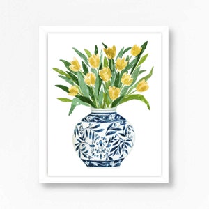 Tulips Tulip Red Bouquet Blue White Vase Floral Flowers Art Print Ginger Jar Navy  Green Gouache Bohemian Modern Wall Art Decor Farmhouse