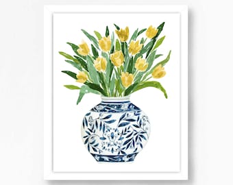 Tulipes tulipe rouge bouquet bleu blanc vase fleurs florales impression d'art pot de gingembre gouache vert marine bohème mur moderne art déco ferme