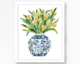 Tulips Tulip Red Bouquet Blue White Vase Floral Flowers Art Print Ginger Jar Navy  Green Gouache Bohemian Modern Wall Art Decor Farmhouse