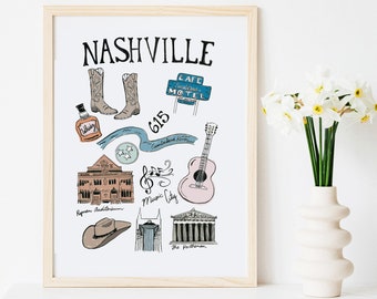 Nashville Art, Nashville Art Print, Nashville Poster, Nashville Illustration, Nashville Map, Nashville Print, Nashville Wall Decor