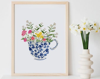 Tea Cup Floral Flowers Cottage Core Bouquet Wall Art Print Watercolor Pink Blue White China Painting Home Kitchen Art Tea Party Decor