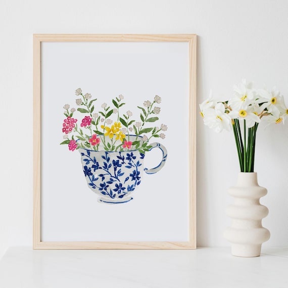 Tea Cup Floral Flowers Cottage Core Bouquet Wall Art Print