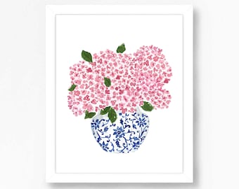 Hydrangea Print, Hydrangea Art, Hydrangea Painting, Pink Hydrangea Print, Blue and White Vase Planter, Ginger Jar Print, Delft Blue Vase