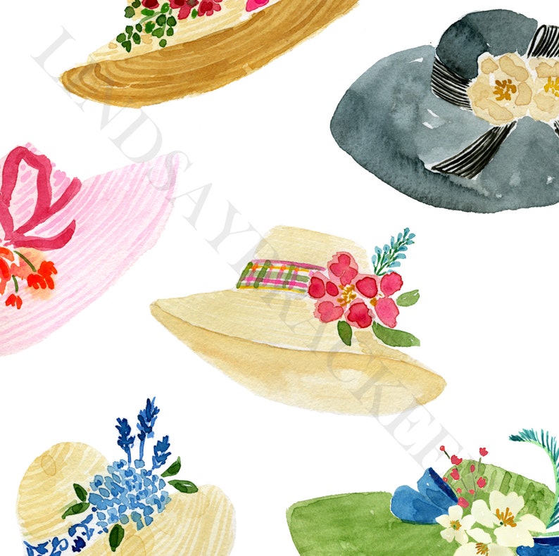 May include: Six watercolour illustrations of different hats with floral embellishments. The hats are in various colours, including pink, beige, green, and grey. The flowers are in shades of pink, red, white, and blue.