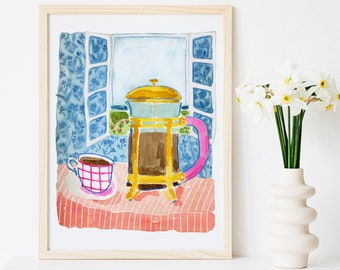 Coffee Print, Coffee Poster, Coffee Wall Art, Coffee Gifts, Coffee Lovers Gift, French Press Art,  Kitchen Art, Kitchen Poster, Coffee Shop