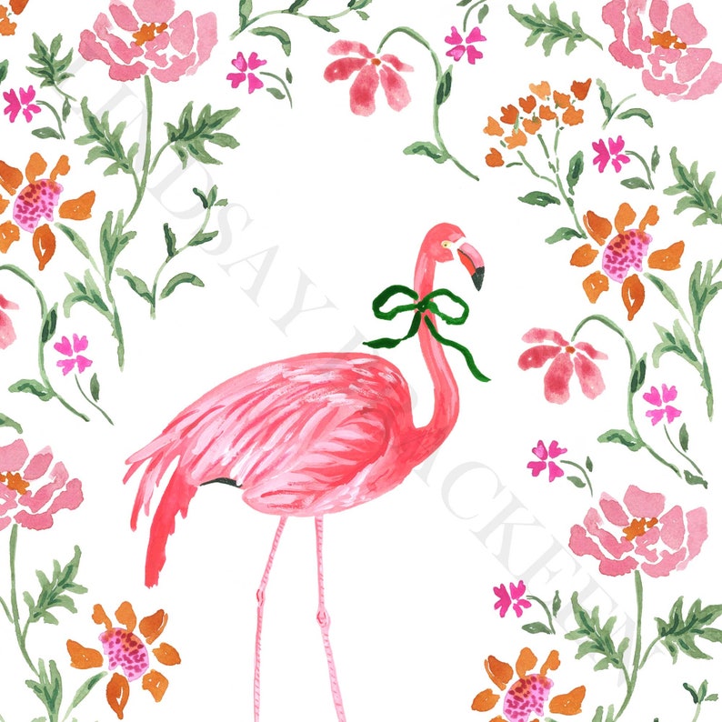 Flamingo Art Print Grand Millenial Wall Decor Chinoiserie Style Pink Bird Bohemian Animal Jungle Tropical Girls Nursery Painting Watercolor image 2