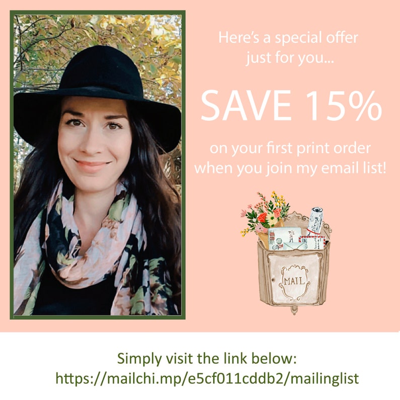 May include: A woman wearing a black hat and a floral scarf smiles at the camera. The image is a promotional graphic for a 15% discount on a first print order when you join the email list. The text "SAVE 15%" is in large white letters. The text "on your first print order when you join my email list!" is in smaller white letters. The text "https://mailchi.mp/e5cf011cddb2/mailinglist" is at the bottom of the image.