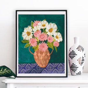 Bouquet Vase Floral Flowers Art Print Mixed Media Daisy Blue Navy Pink Green Gouache Bohemian Modern Wall Art Decor Farmhouse