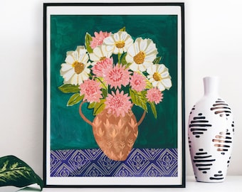 Bouquet Vase Floral Flowers Art Print Mixed Media Daisy Blue Navy Pink Green Gouache Bohemian Modern Wall Art Decor Farmhouse