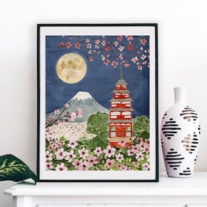 Kyoto Japan Tokyo Art Print Travel Wall Decor Pink Cherry Blossom Trees Colorful Floral Flowers Tea House Painting Illustration Girls Room