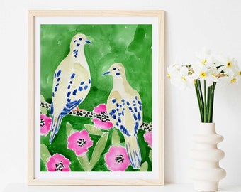 Mourning Dove Bird Art Print Wall Decor Painting Exotic Doves Colorful Watercolor Birds Illustration Millennial Style Art Lindsay Brackeen