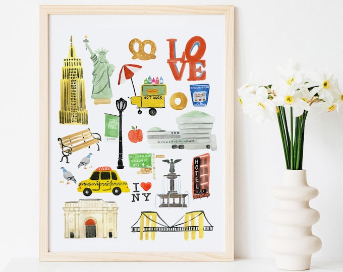 New York City Art Print NYC Wall Decor Taxi Empire State Building MET Museum Architecture Watercolor Brooklyn Travel Painting Illustration