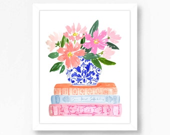 Stack of Books Bouquet Book Wall Art Print Watercolor Pink Flowers Blue White Vase Bookshelf Read Painting Home Office  Library Reading
