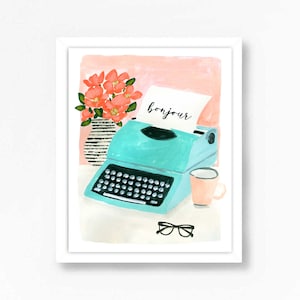 Blue Typewriter Art Vintage Bonjour French Girl Paris Style Home Office Je T'aime Merci Tween Teen Print Wall Decor Girl Room Watercolor