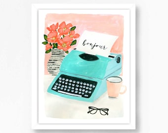 Blue Typewriter Art Vintage Bonjour French Girl Paris Style Home Office Je T'aime Merci Tween Teen Print Wall Decor Girl Room Watercolor