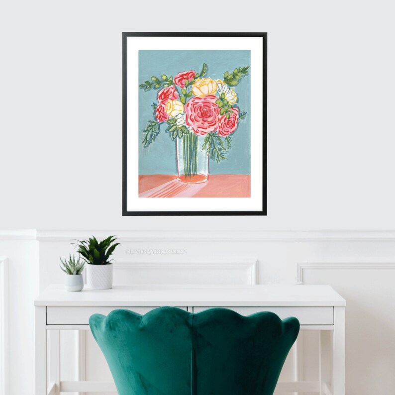 Bouquet Vase Floral Flowers Art Print Mixed Media Roses Girls - Etsy