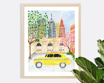 New York City Art Print NYC Wall Decor Taxi Empire State Building MET Museum Architecture Watercolor Brooklyn Travel Painting Illustration