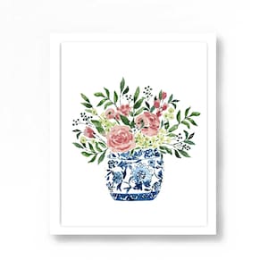 Watercolor Floral Flowers Bouquet Blue White Vase Art Print Ginger Jar Navy Green Gouache Bohemian Modern Wall Art Decor Farmhouse