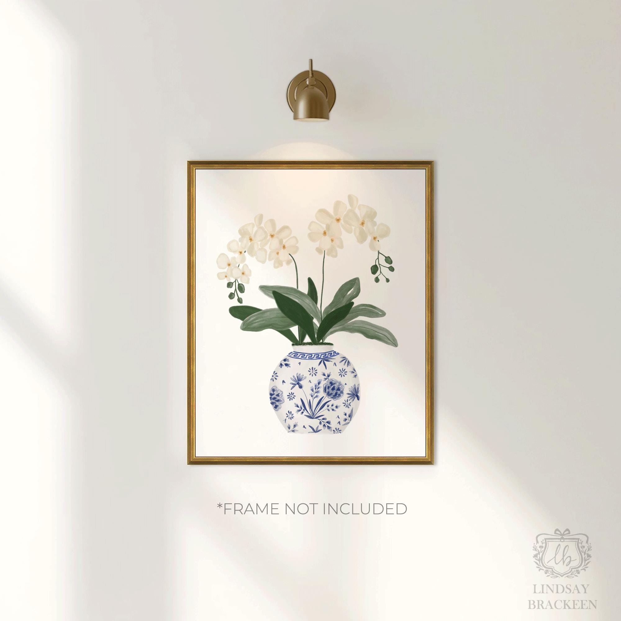 Orchid White Orchids Flower Art Print Navy Blue White Vase Plants