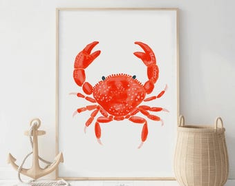 Crab Watercolor Nautical Beachy Sea Side Coastal Living Wall Art Print Red Painting Boys Nursery Room Decor Sailing Boating Fishing Crabs
