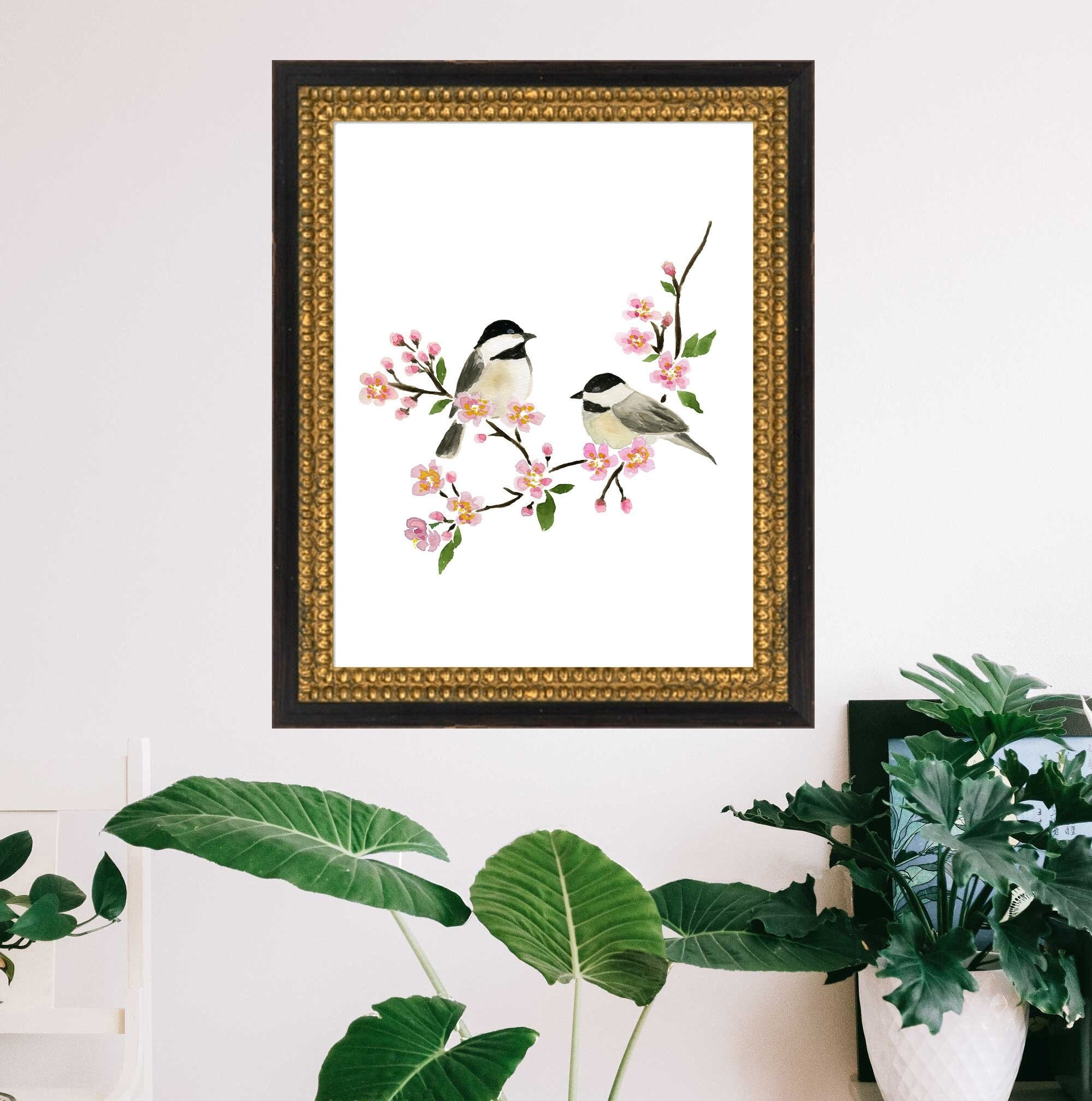 Chickadee Bird Art Cherry Blossom Print Bird Print Wall Decor