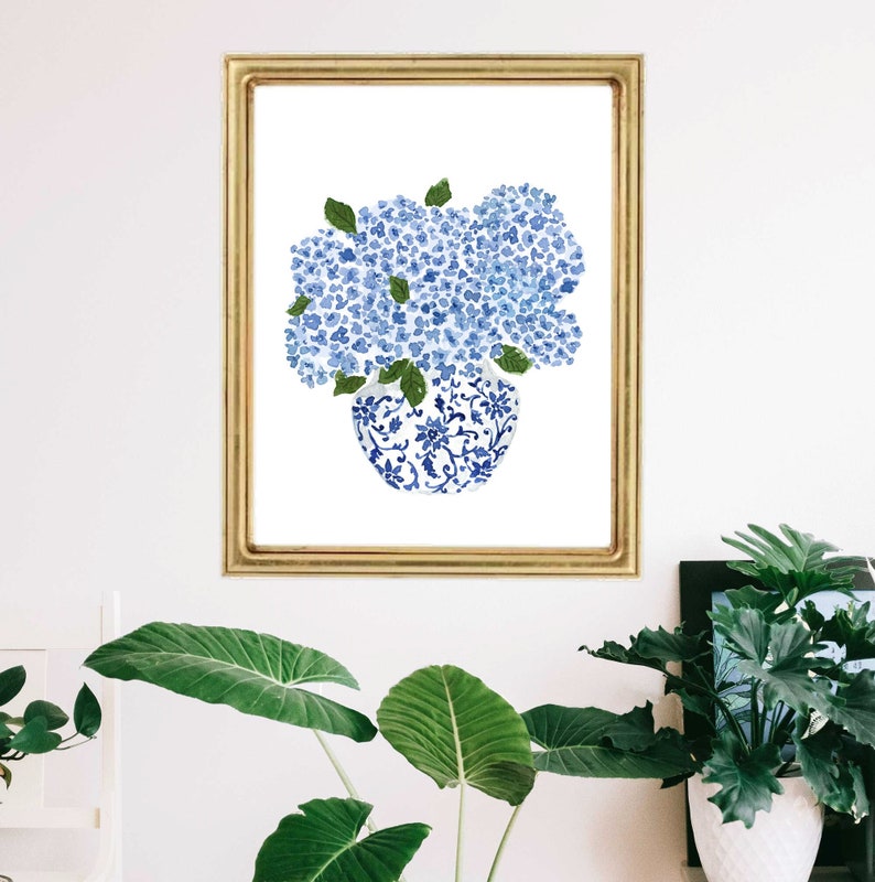 Hydrangea Print, Hydrangea Art, Hydrangea Painting, Blue Hydrangea Print, Blue and White Vase Planter, Ginger Jar Print, Delft Blue Vase image 1