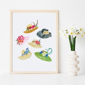 May include: A watercolor painting of six different hats with various floral and ribbon embellishments. The hats are in shades of pink, green, blue, and brown, and are arranged in a random pattern on a white background.