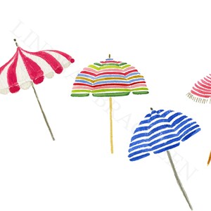 May include: Watercolor illustration of several beach umbrellas in various colors and patterns. One umbrella is red and white striped, another is multi-colored striped, and a third is blue and white striped. The umbrellas have wooden poles.