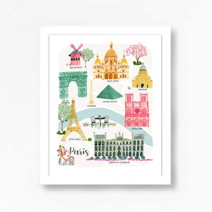 Paris Map Watercolor Art Travel Eiffel Tower Notre Dame Luxembourg Colorful Print Lourve Moulin Rouge Illustration Girls Wall Room Decor