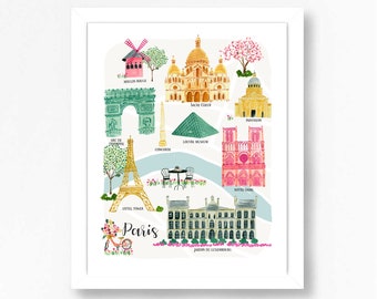 Carte de Paris Art aquarelle voyage Tour Eiffel Notre-Dame Luxembourg impression colorée Lourve Moulin Rouge Illustration filles décoration murale