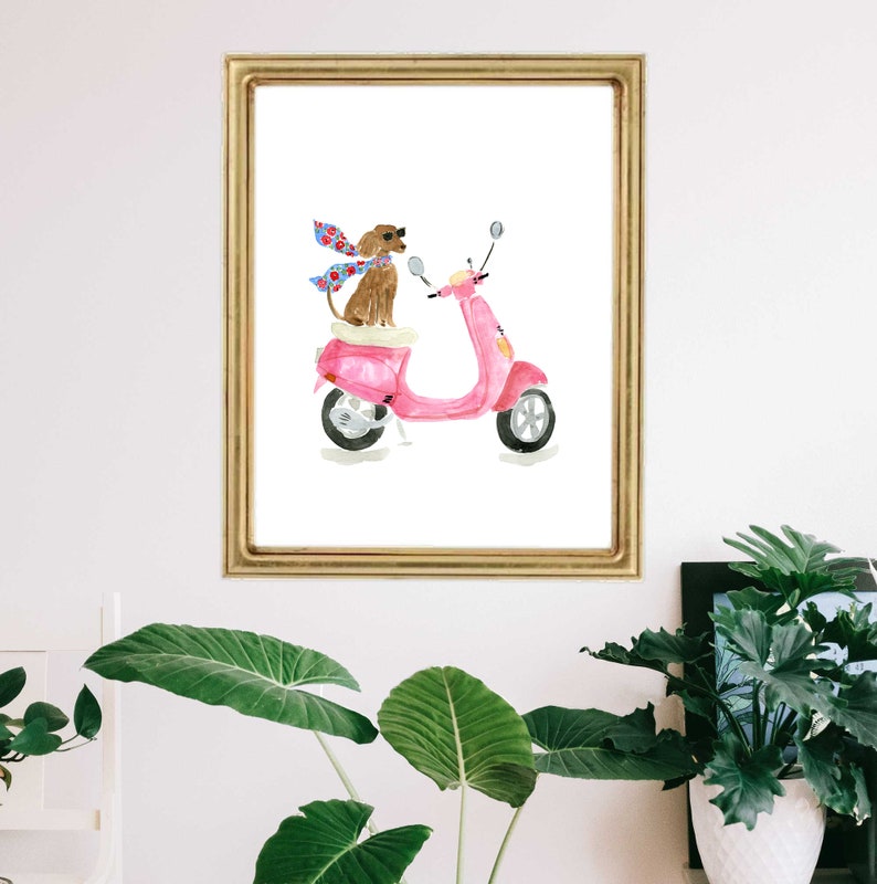 Dog on a Vespa Art Print, Dog Art Print, Dog Portrait, Dog Wall Art, Dachshund Art, Dog Art, Dog in Paris Art, Dog Nursery Art image 2