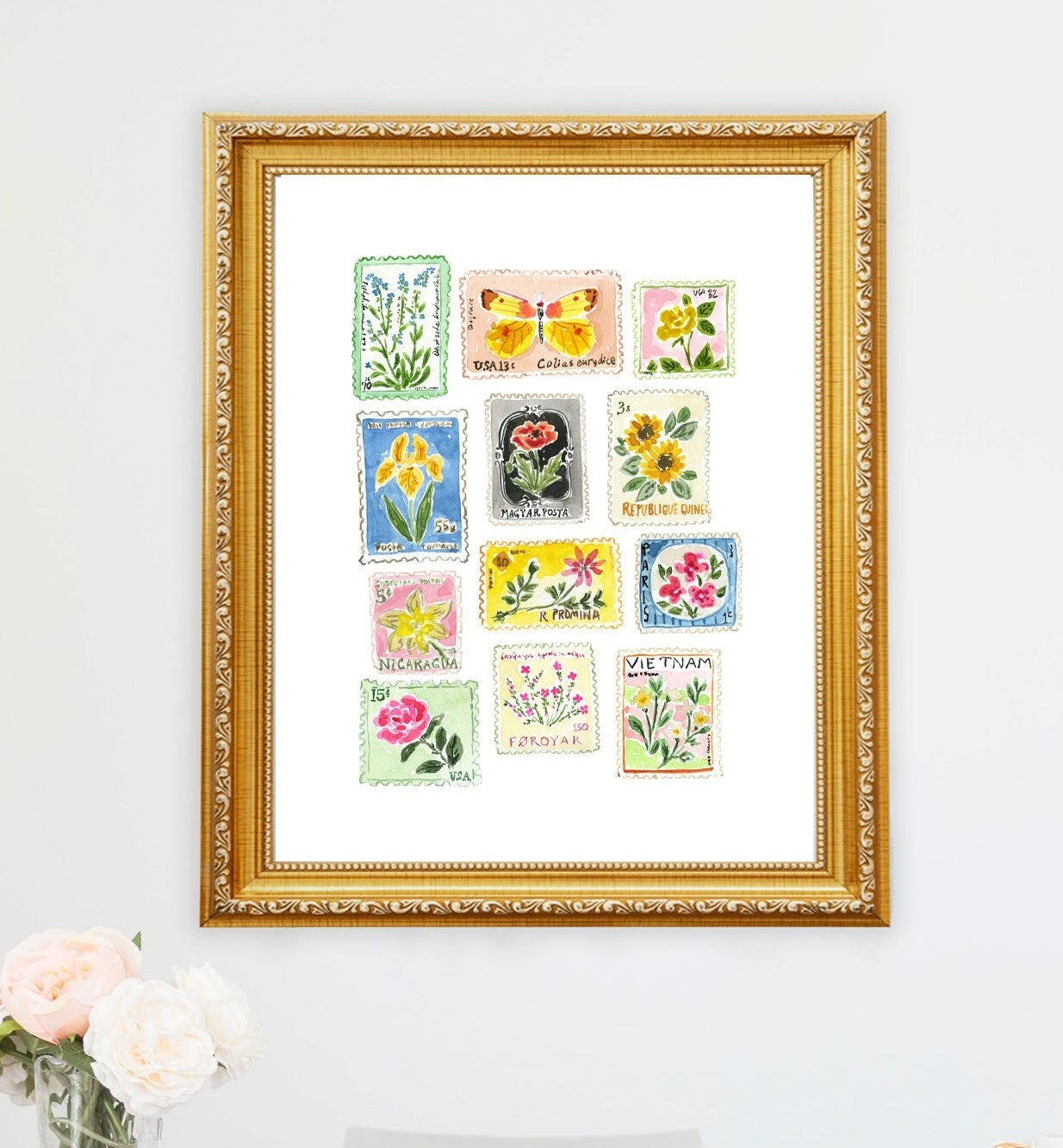 Vintage Floral Stamps, Vintage Floral Stamp Art Print, Vintage Stamp Art, Stamp print, Stamp Poster, Vintage Stamp Collection, Floral Stamp