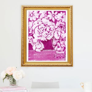 Peonies Peony Modern Bohenmian Floral Bouquet Art Print Illustration Flowers Branches Pink and White China Vase Painting White Wall Decor image 3