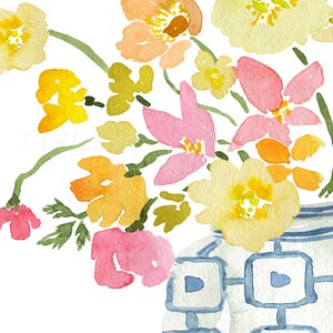 Pink Yellow Flowers in White Blue Vase Art Print, Ginger Jar Art, Ginger Jar Print, Bouquet in Blue White Vase Art Print, Floral Watercolor image 3