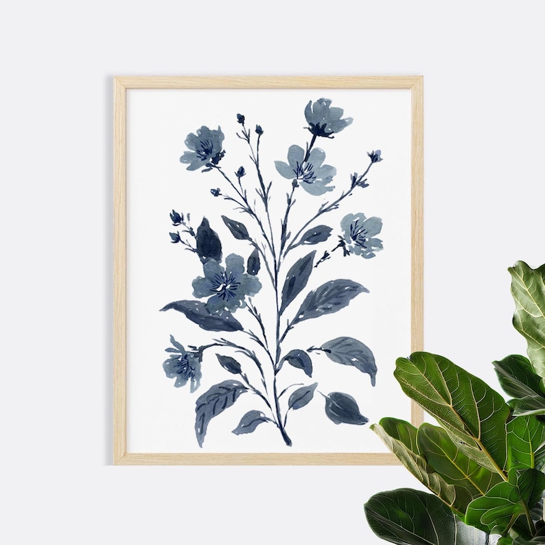 Blue Floral Botanical Art Print – Watercolor Flower Wall Art, Modern ...