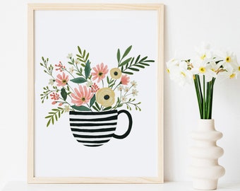 Tea Cup Striped Mug Floral Flowers Art Print Wall Art Decor Girls Room Watercolor Kitchen Farmhouse