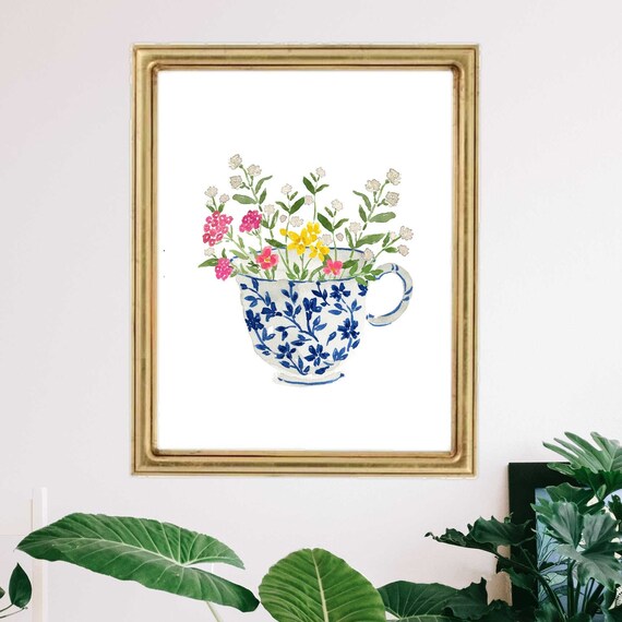 Tea Cup Floral Flowers Cottage Core Bouquet Wall Art Print