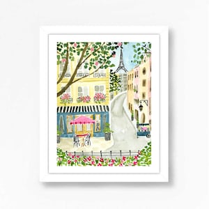 Paris Eiffel Tower Art Print Travel Paris Wall Decor Pink Trees Colorful Floral Flowers Map Painting Illustration Girls Wall Room Decor