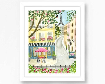 Paris Eiffel Tower Art Print Travel Paris Wall Decor Pink Trees Colorful Floral Flowers Map Painting Illustration Girls Wall Room Decor