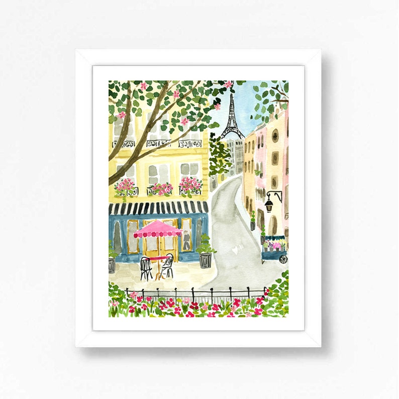 Paris Eiffel Tower Art Print Travel Paris Wall Decor Pink Trees Colorful Floral Flowers Map Painting Illustration Girls Wall Room Decor image 1