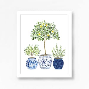 Lemon Lemons Tree Olive Navy Blue White Vase Plants Floral Flowers Art Print Ginger Jar Green Gouache Bohemian Modern Wall Decor Farmhouse image 1