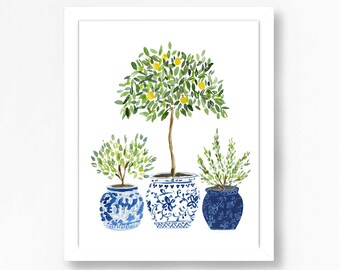 Lemon Lemons Tree Olive Navy Blue White Vase Plants Floral Flowers Art Print Ginger Jar Green Gouache Bohemian Modern Wall Decor Farmhouse